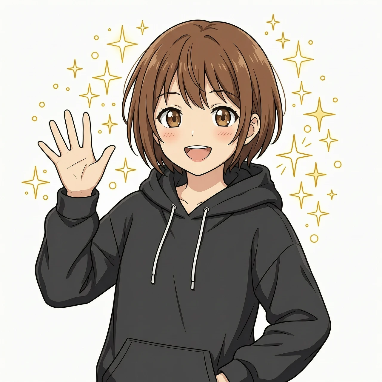 Modern anime style, high quality anime aesthetic, 2D anime illustration, full-grown teen anime girl, correct human anatomy, proportional body, short brown hair, expressive brown…