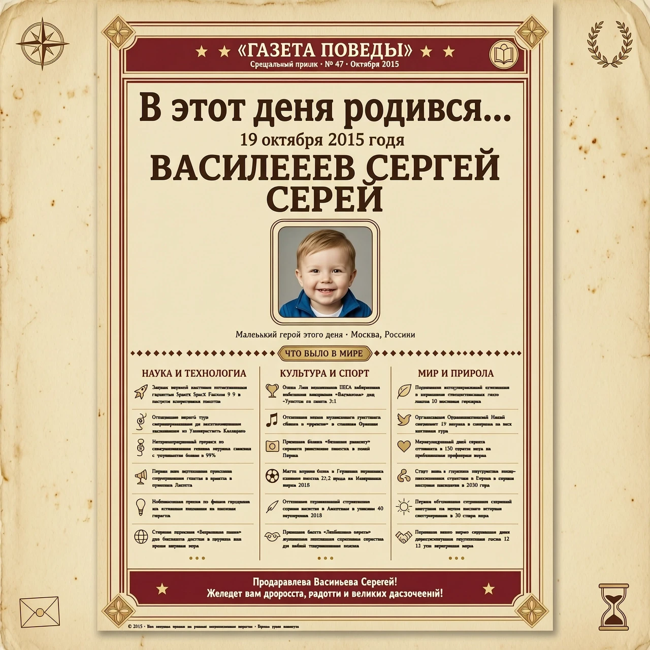 Хочу подарить ребенку на день рождения "страничку из газеты". Фото с заголовком "В этот день родился......", дата вверху как в газете или журнальной обложке.…