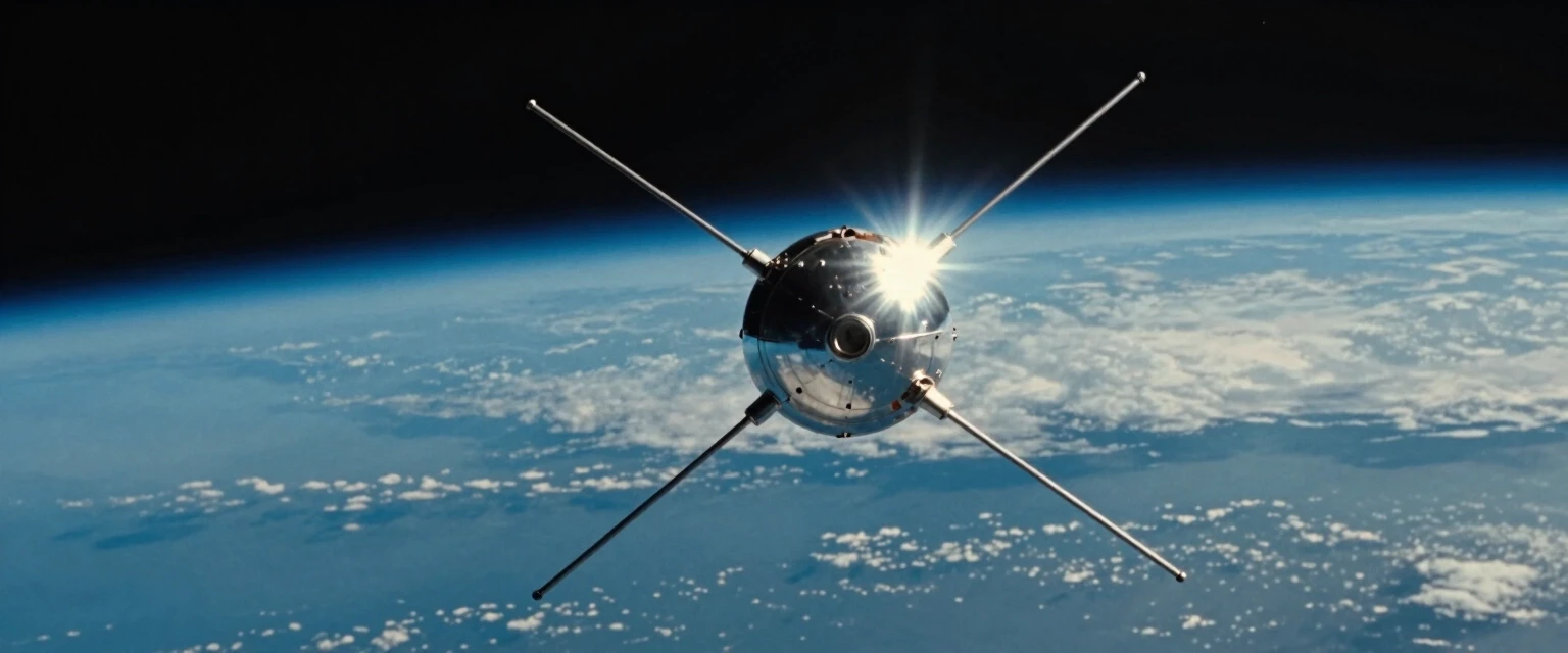 A classic scientific illustration of the Sputnik 1 satellite in orbit high above Earth. The satellite is a polished metal sphere with four long, thin antennas extending in…