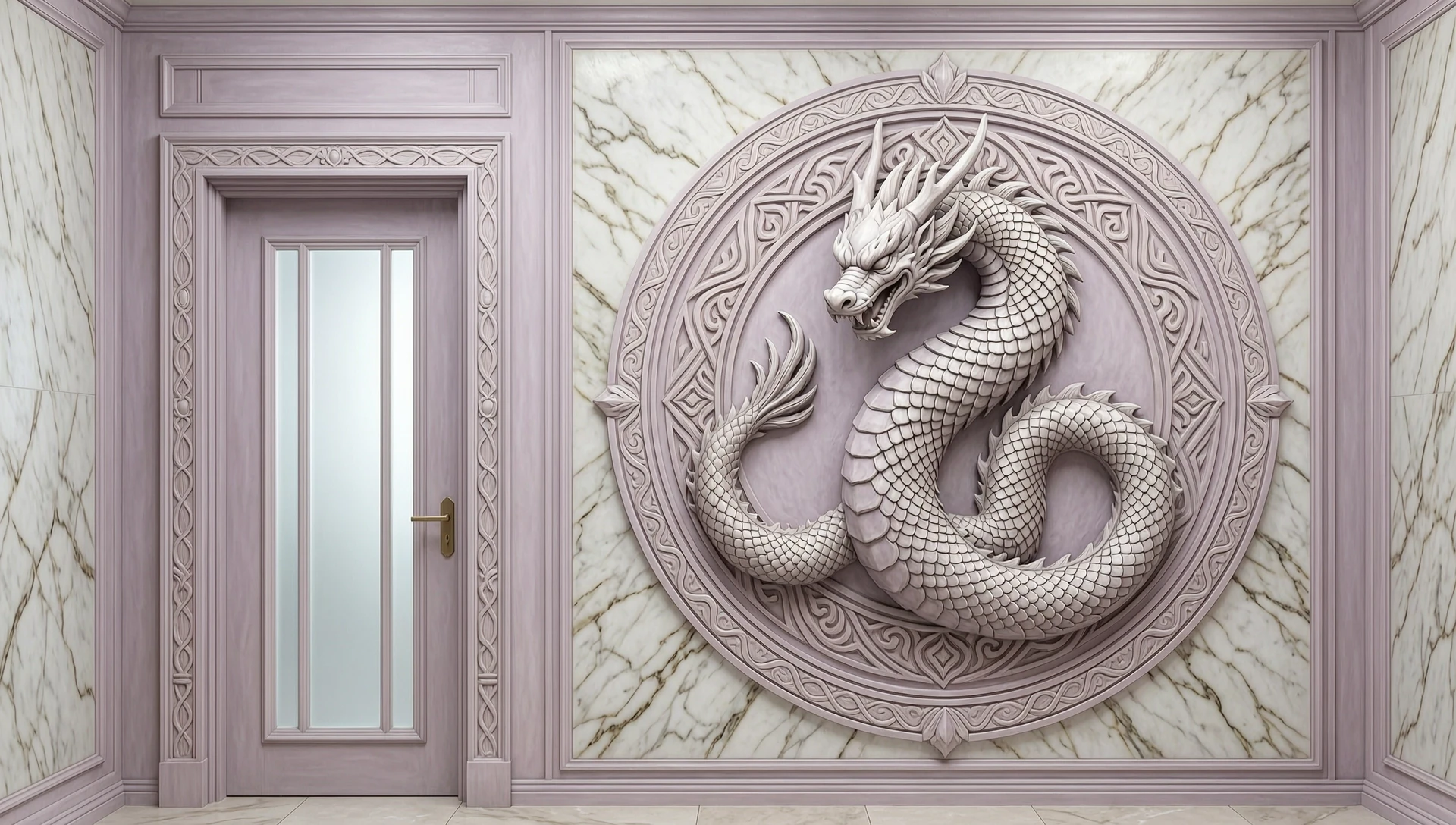 Architectural bas-relief for a bright hallway (wall 3500×2600 mm). Center — circular mandala (45% of height) featuring a mythical guardian dragon: brutal, commanding, powerful…