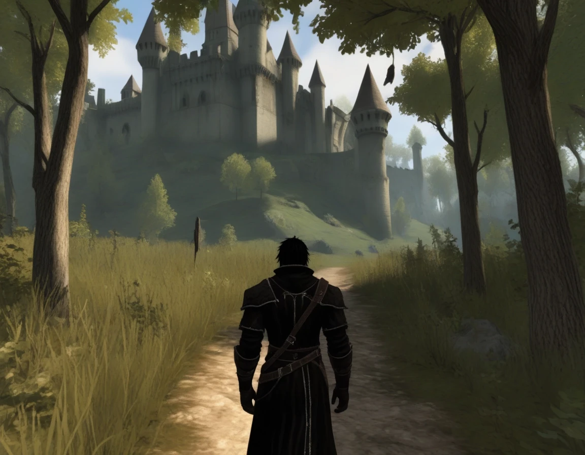 A character from the game Gothic 2 walks through the forest, dressed in tattered clothes, Khorinis Castle is visible in the distance ahead, A long adventure awaits him, but now…