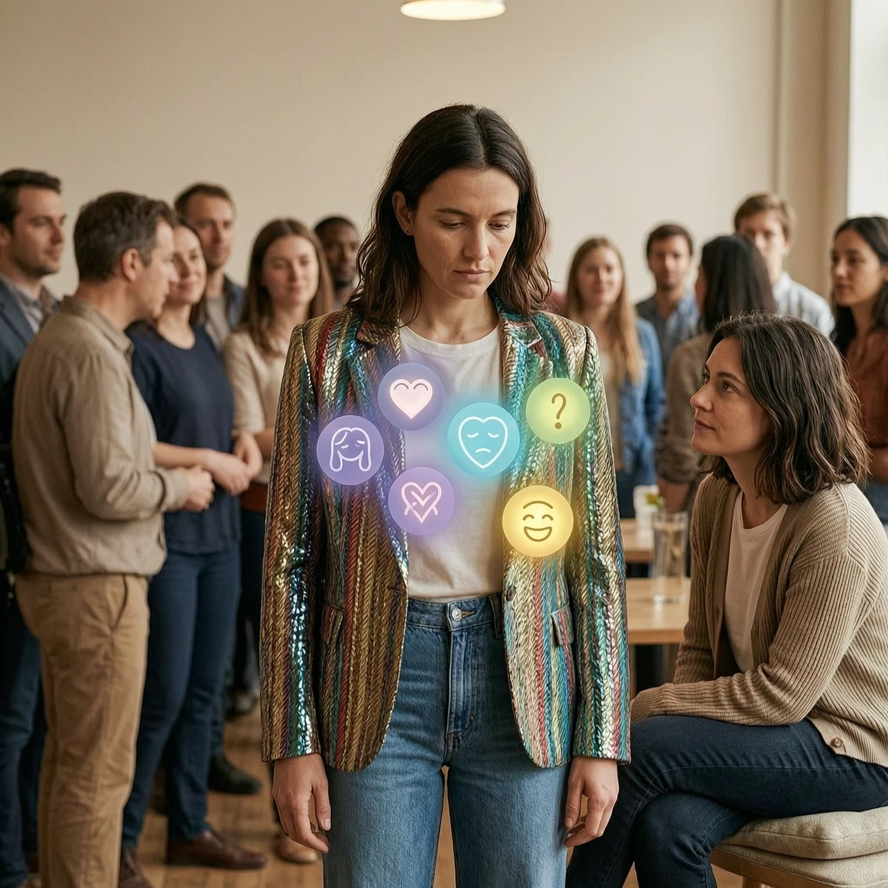 A thoughtful cinematic illustration about being seen and understood. A person is standing in a crowded room full of people, but everyone is looking at their bright clothes and…