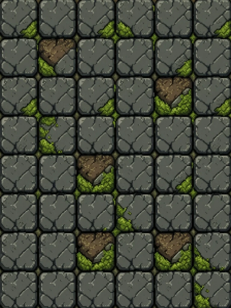 Single tile of a medieval RPG fantasy dungeon floor, pixel art, 48x48 resolution, top-down orthographic view. The texture features weathered, cracked dark grey cobblestones with…