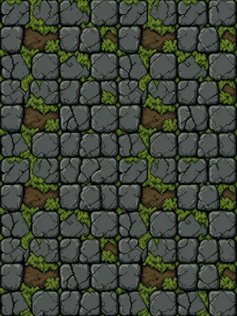 Single tile of a medieval RPG fantasy dungeon floor, pixel art, 48x48 resolution, top-down orthographic view. The texture features weathered, cracked dark grey cobblestones with…