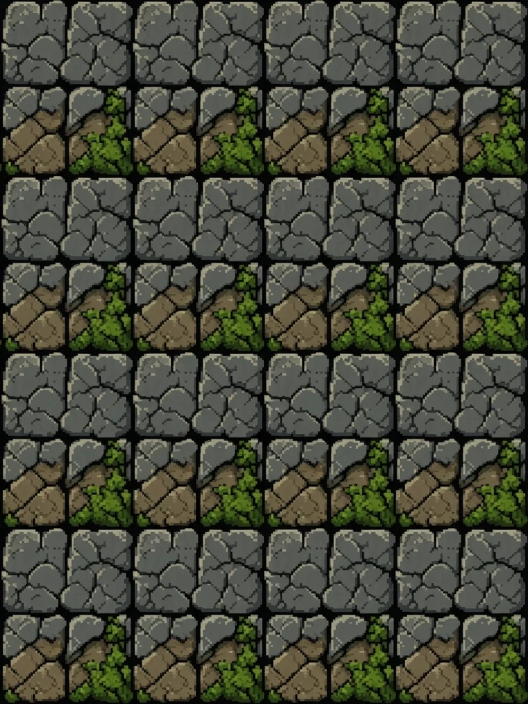 Single tile of a medieval RPG fantasy dungeon floor, pixel art, 48x48 resolution, top-down orthographic view. The texture features weathered, cracked dark grey cobblestones with…