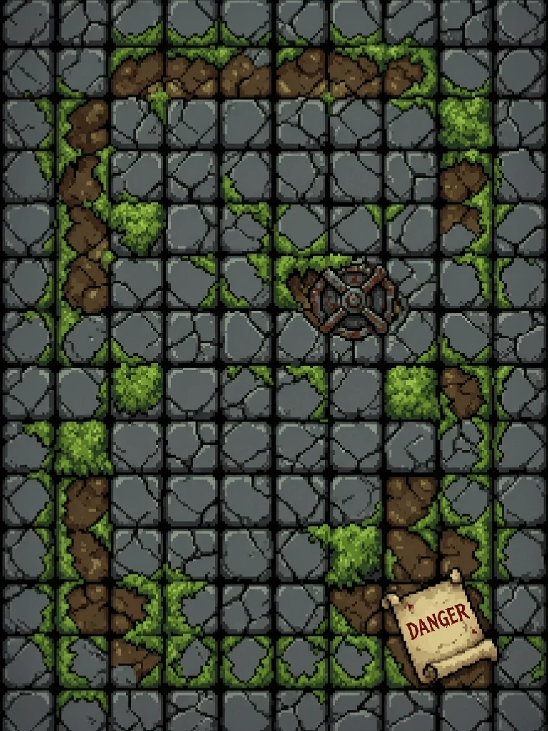 Single tile of a medieval RPG fantasy dungeon floor, pixel art, 48x48 resolution, top-down orthographic view. The texture features weathered, cracked dark grey cobblestones with…