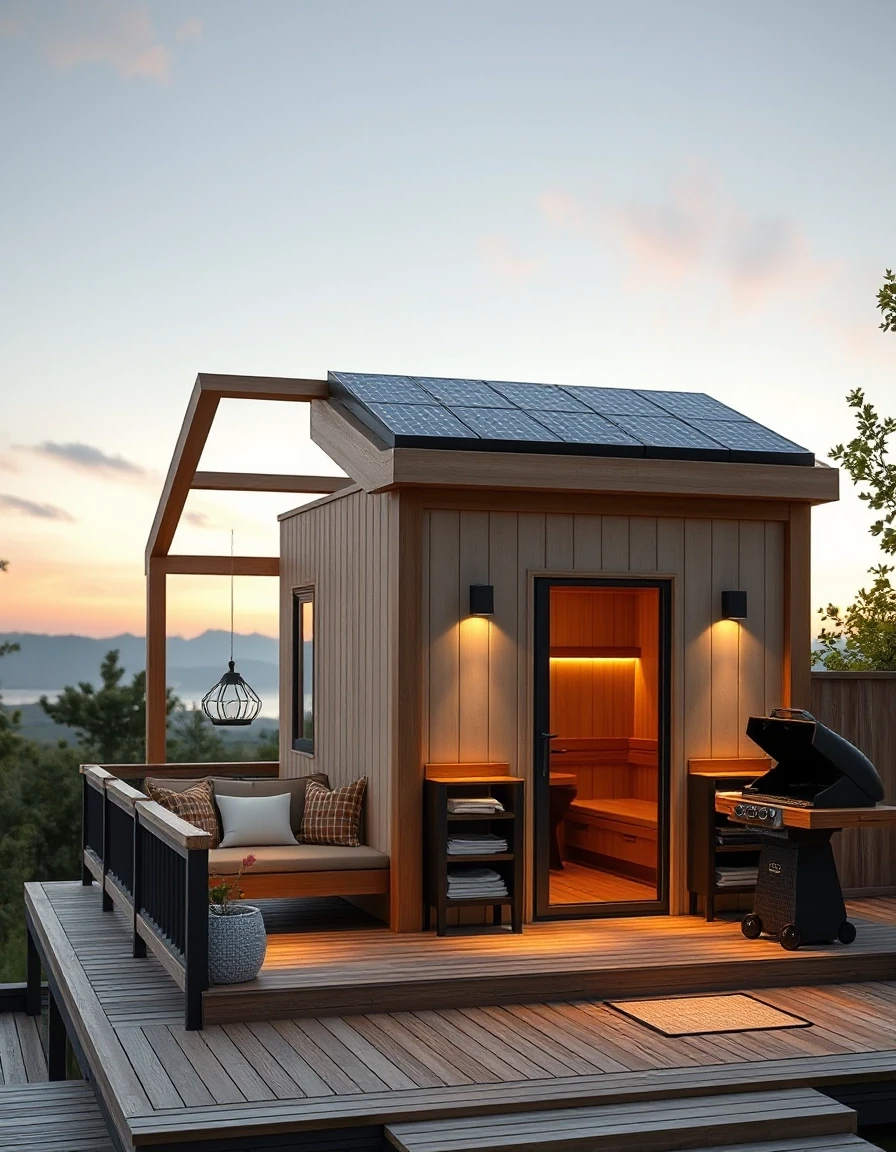 Vertical architectural design, luxury frame sauna with integrated large lounge terrace and BBQ area, solar panels on the roof, beautiful evening illumination, high detail. —…