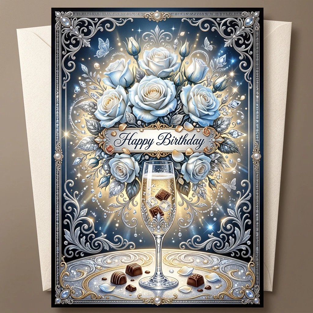 (Crystal tall glass):champagne with ice cubes and chocolate.(Birthday greeting card) Postcard design: blue and black with ((decorated with silver curls, monograms in a summer…