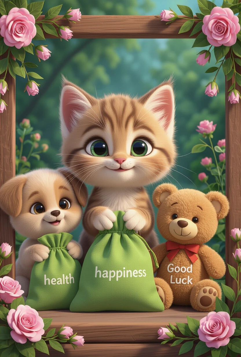 Create a 3D illustration in the style of modern Pixar animation. In the center is a charming cartoon kitten with large expressive eyes and soft fur, smiling sweetly; to the left…