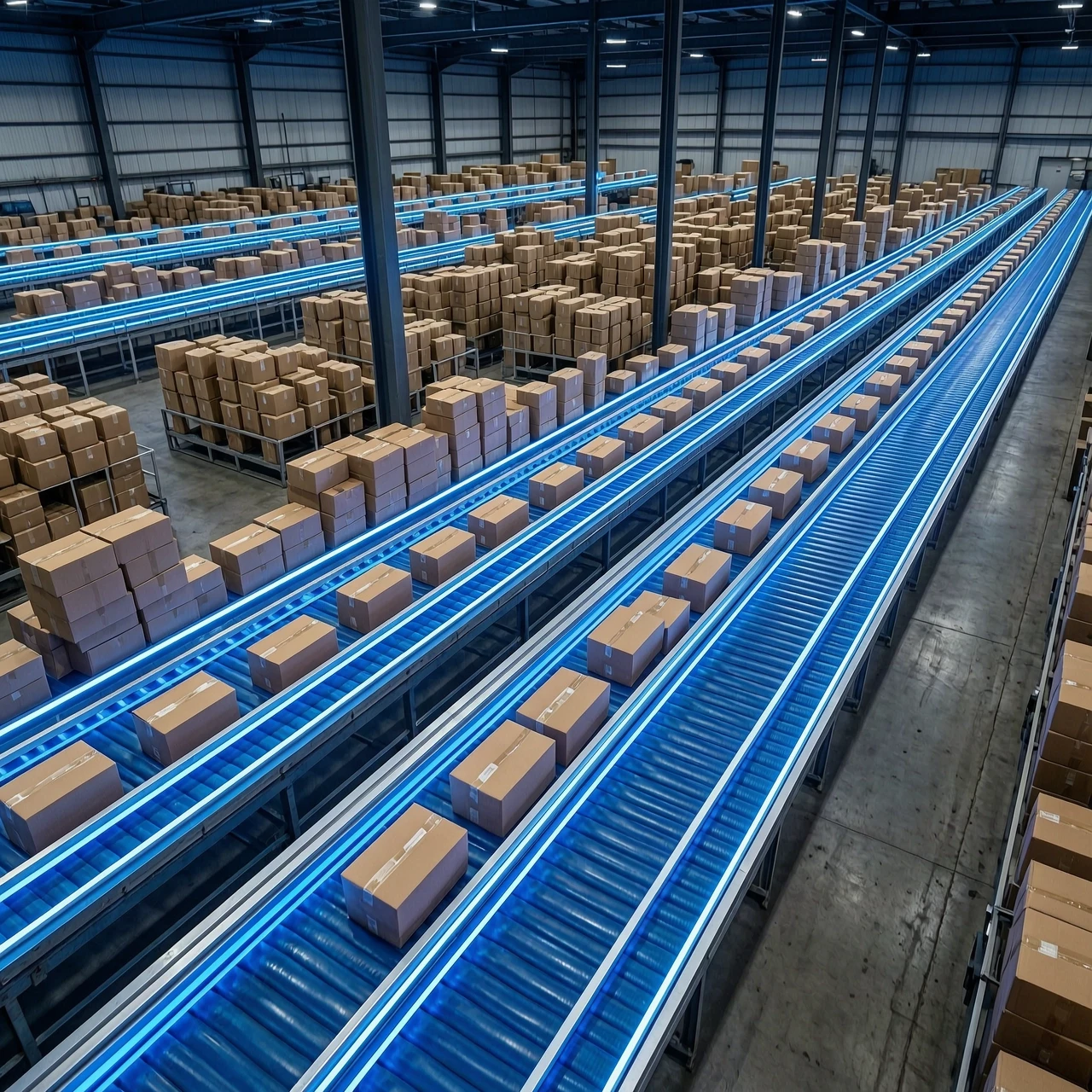 Inside the dark warehouse, bright blue LED conveyor belts rapidly sort thousands of brown cardboard parcels. Fast-paced, top-down view. — работа пользователя Ослепительная Муза