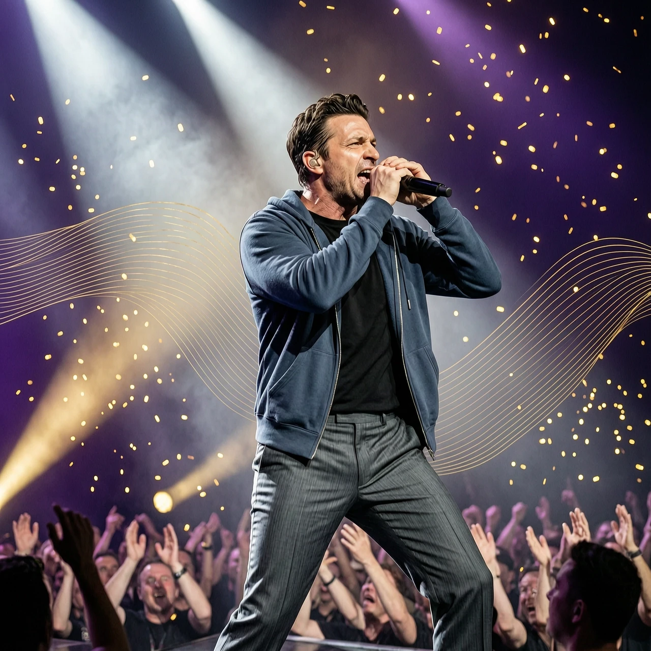 Dynamic concert performance shot, cinematic action photography: a male singer in the center of the stage captured in a mid-motion passionate pose, gripping a professional…