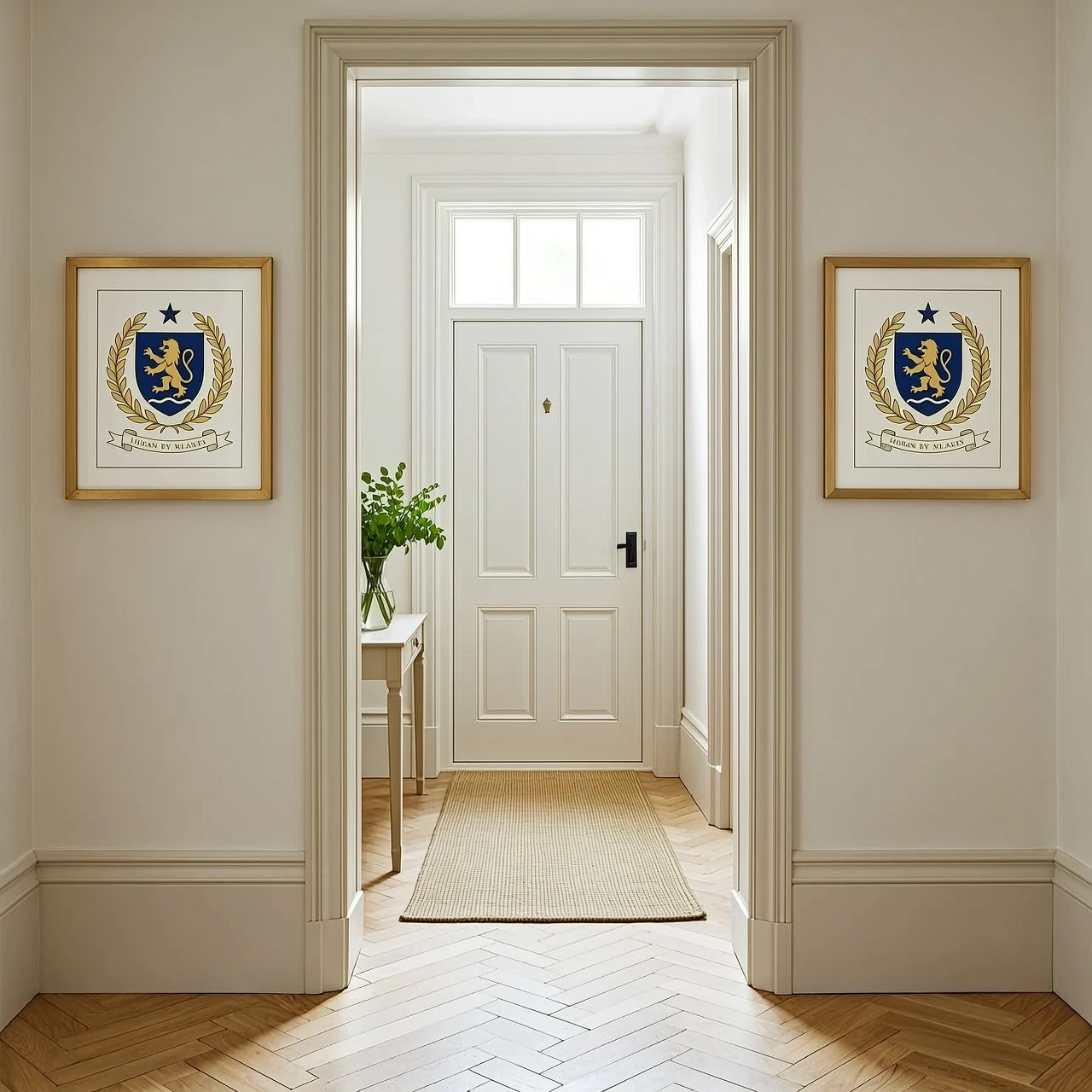 Interior photograph looking straight down a bright entrance hallway toward a white front door, shot from inside the house. English manor / country house interior style:…