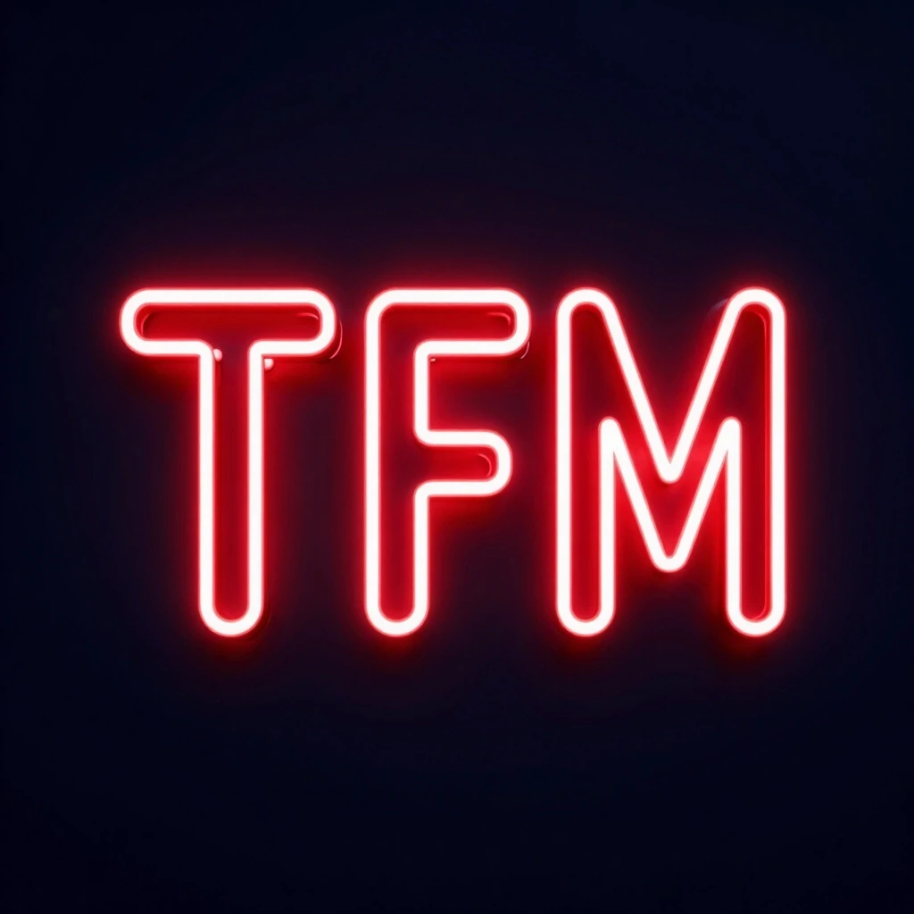 Three large capital letters T F M in vivid red neon tube style, centered composition, bright neon glow on dark navy matte background, white core with red outer glow, cyberpunk…