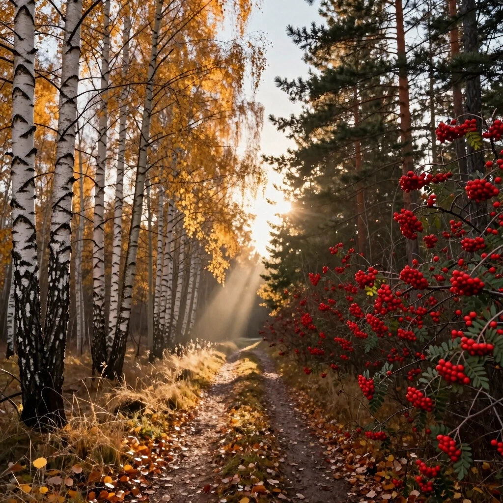 Photorealistic cinematic scene of early autumn, eye‑level perspective as if the viewer is standing on a narrow forest path looking ahead. Early morning, the sun has risen to a…