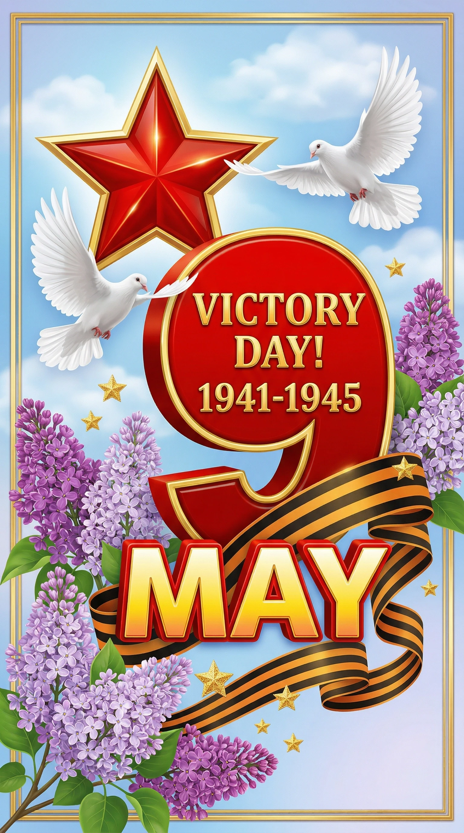 Create a festive image for Victory Day (May 9) in the style of a bright postcard. The composition should be rich and symbolic, with clear, volumetric elements. Key elements: A…
