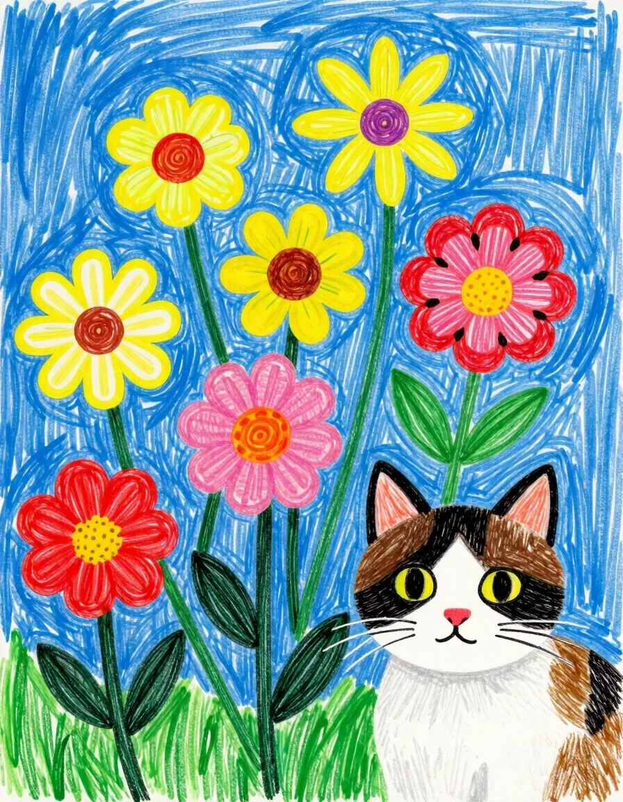 A masterpiece. Creating an image. ((The style is naive graphics in colored pencils. Children's drawing of flowers, summer, blue sky and a beautiful cat:1,6)). High…