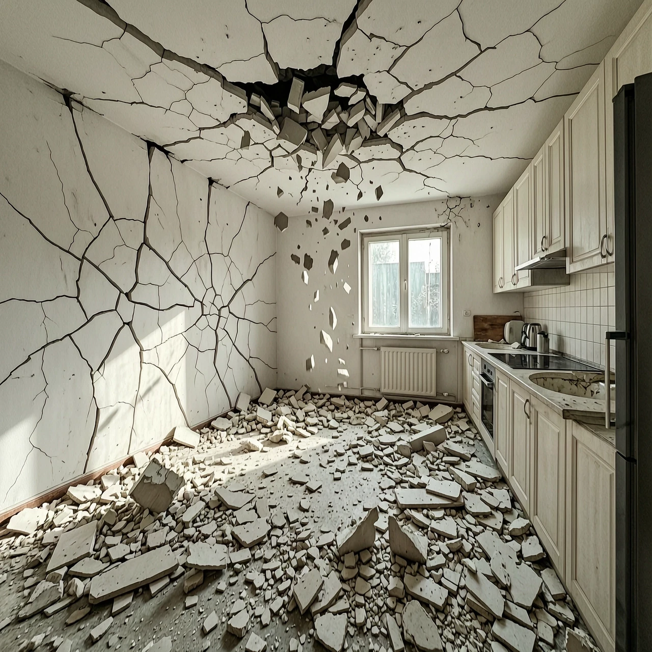 Hyper-realistic smartphone photo, wide-angle shot of a devastated bright kitchen, crumbling white plaster ceiling with large chunks falling down, massive deep cracks…