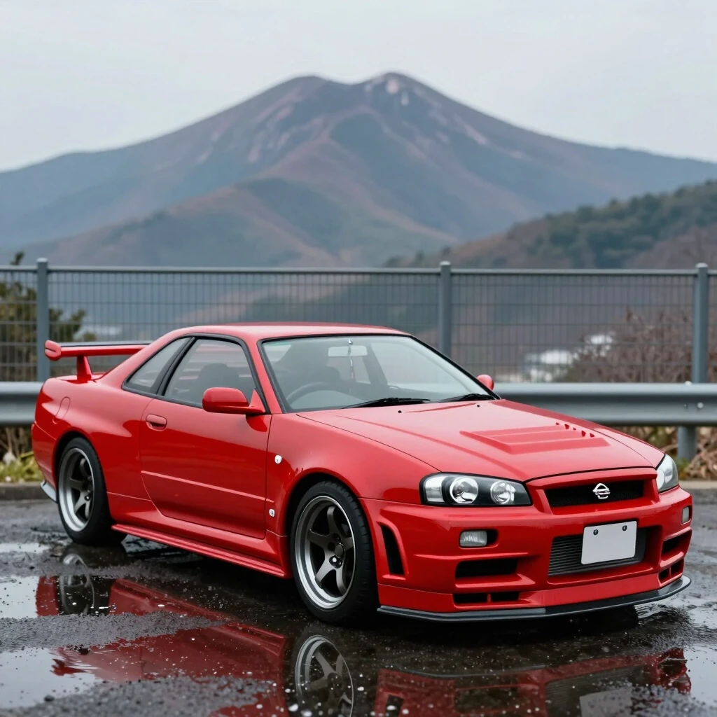 arafed car parked in front of a fence with a mountain in the background, extremely detailed water texture, in a modified nissan skyline r34, ironic surrealism, inspired by…