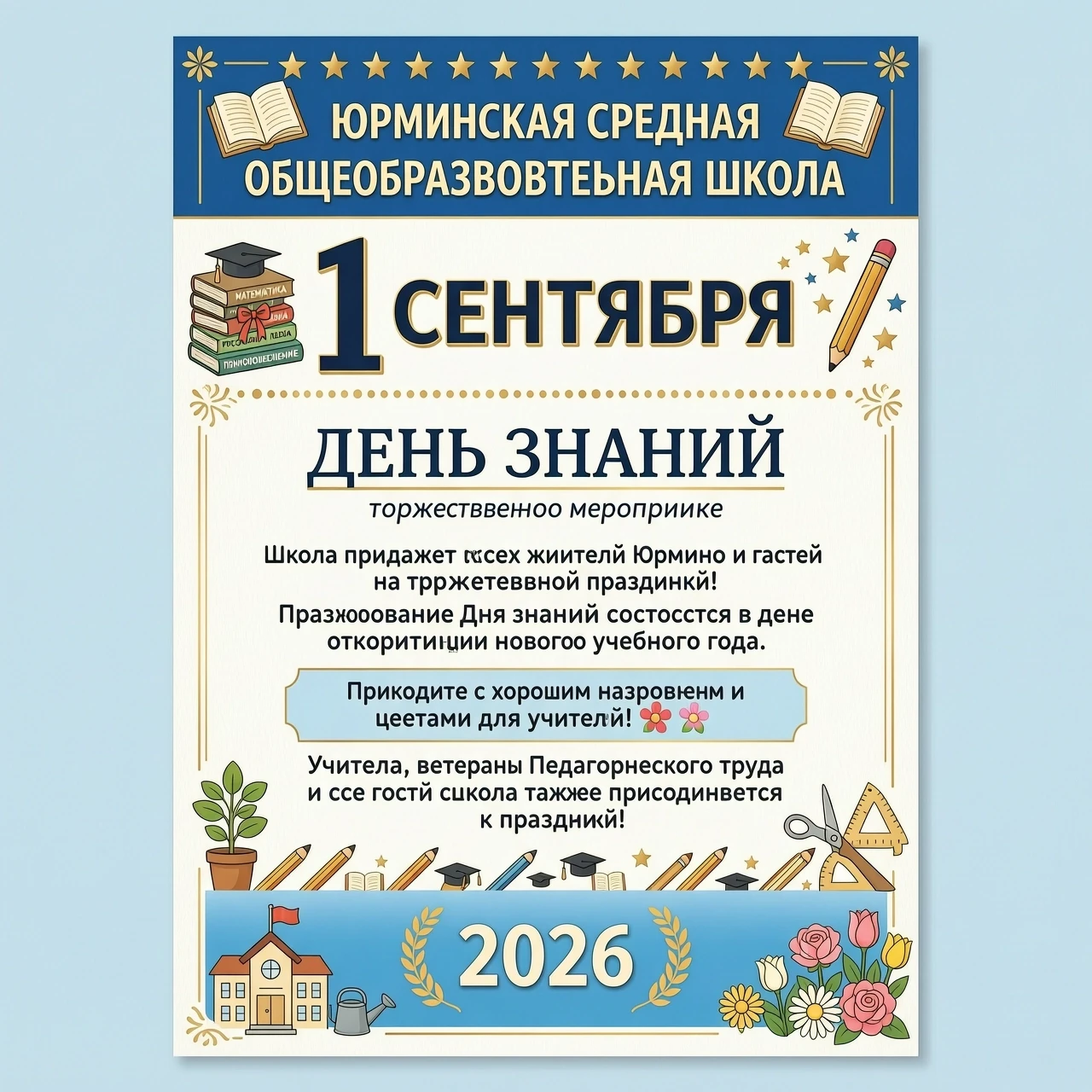Объявление о школьном празднике 1 сентября 2026 Юрминская средняя общеобразовательная школа приглашает на торжественное мероприятие посвященное Дню Знаний С собой иметь хорошее…