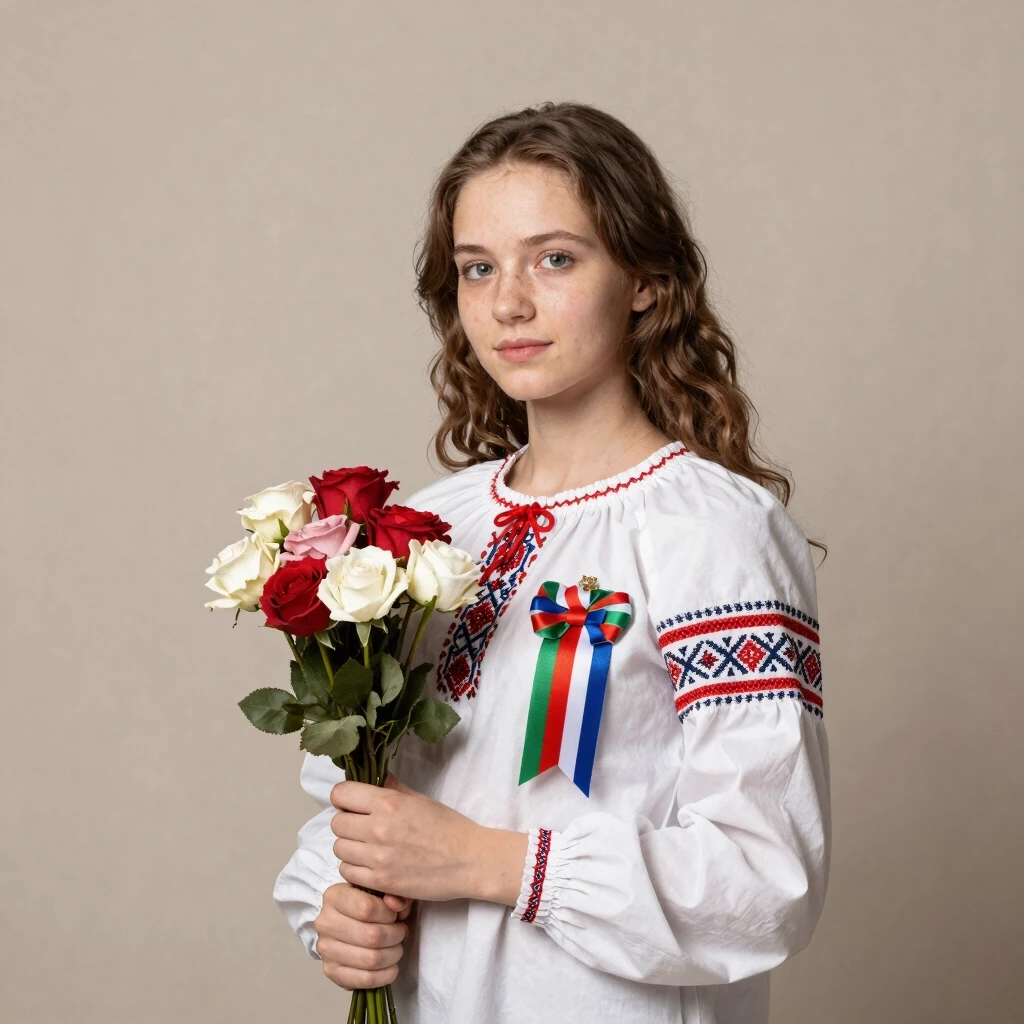 Русская девушка стоит в белой блузке, с цветами в руках, и георгиевской ленточкой на блузке — работа пользователя Лазурная Волна
