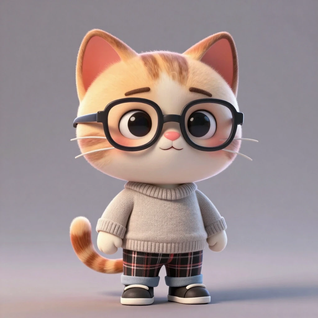 3D cartoon character of an adorable cat wearing glasses, a sweater, plaid pants, and shoes. The background is gray with soft lighting creating gentle shadows on the figure's…