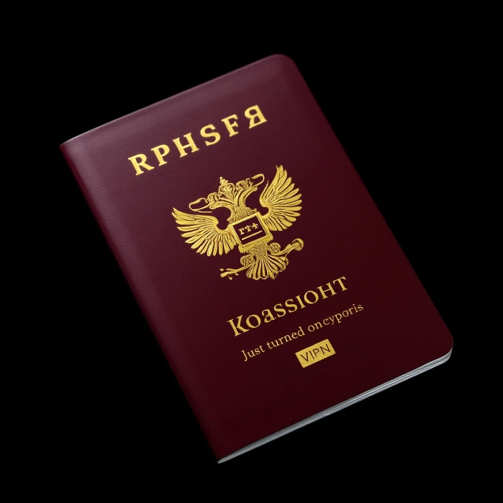 Российский загранпаспорт на абсолютно черном фоне, темно-бордовая обложка с золотым двуглавым орлом, надпись внизу "Просто включил VPN",, студийное освещение, блики,…