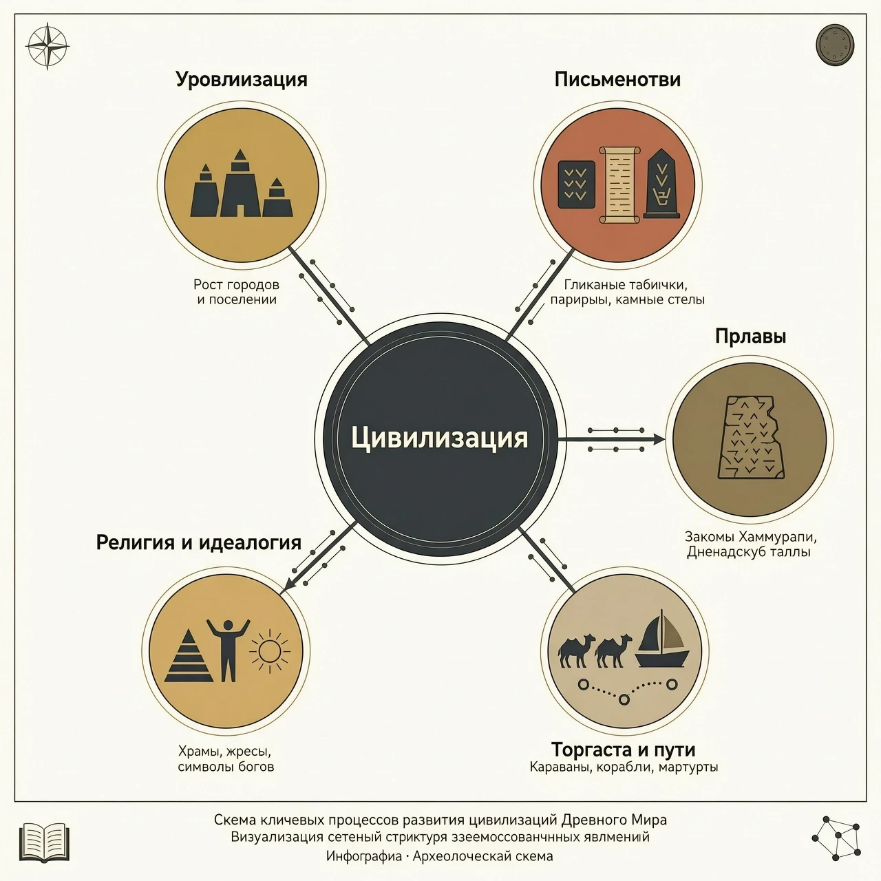 «Инфографическая схема в виде сети взаимосвязанных узлов, визуализирующая ключевые процессы развития цивилизаций Древнего мира. В центре — узел “цивилизация” с расходящимися…