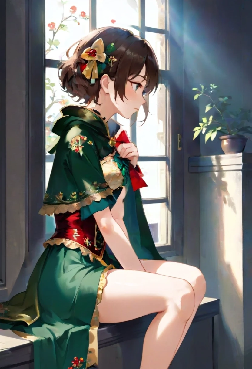 A young adult East Asian-looking woman with short brown hair and fair skin, seated elegantly on a windowsill in profile, body slightly turned, left hand resting on her left…
