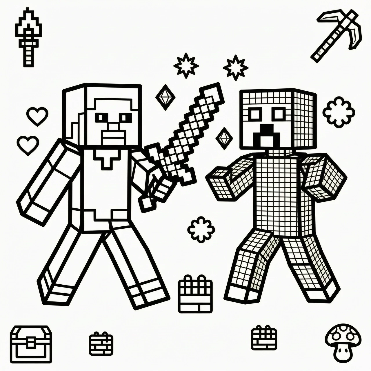Line art coloring book page for children, Minecraft blocky art style, simple thick black outlines, pure white background, minimalist shapes. Steve is fighting a Creeper. Steve…