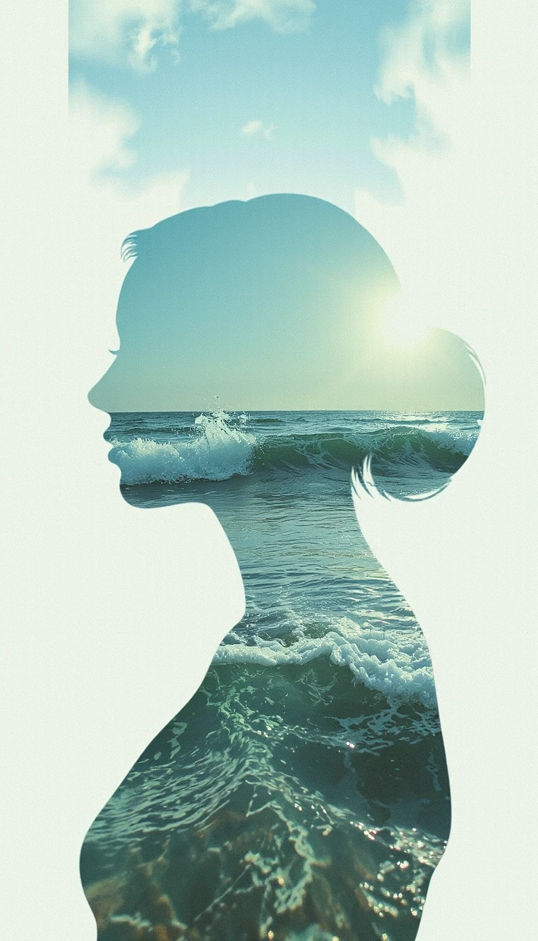 (Double exposure: 1,9). Abstract background (soft colors, marine theme). Seascape (waves, clear water, splashes) inside transparent silhouette of girl's profile. Dissolving…