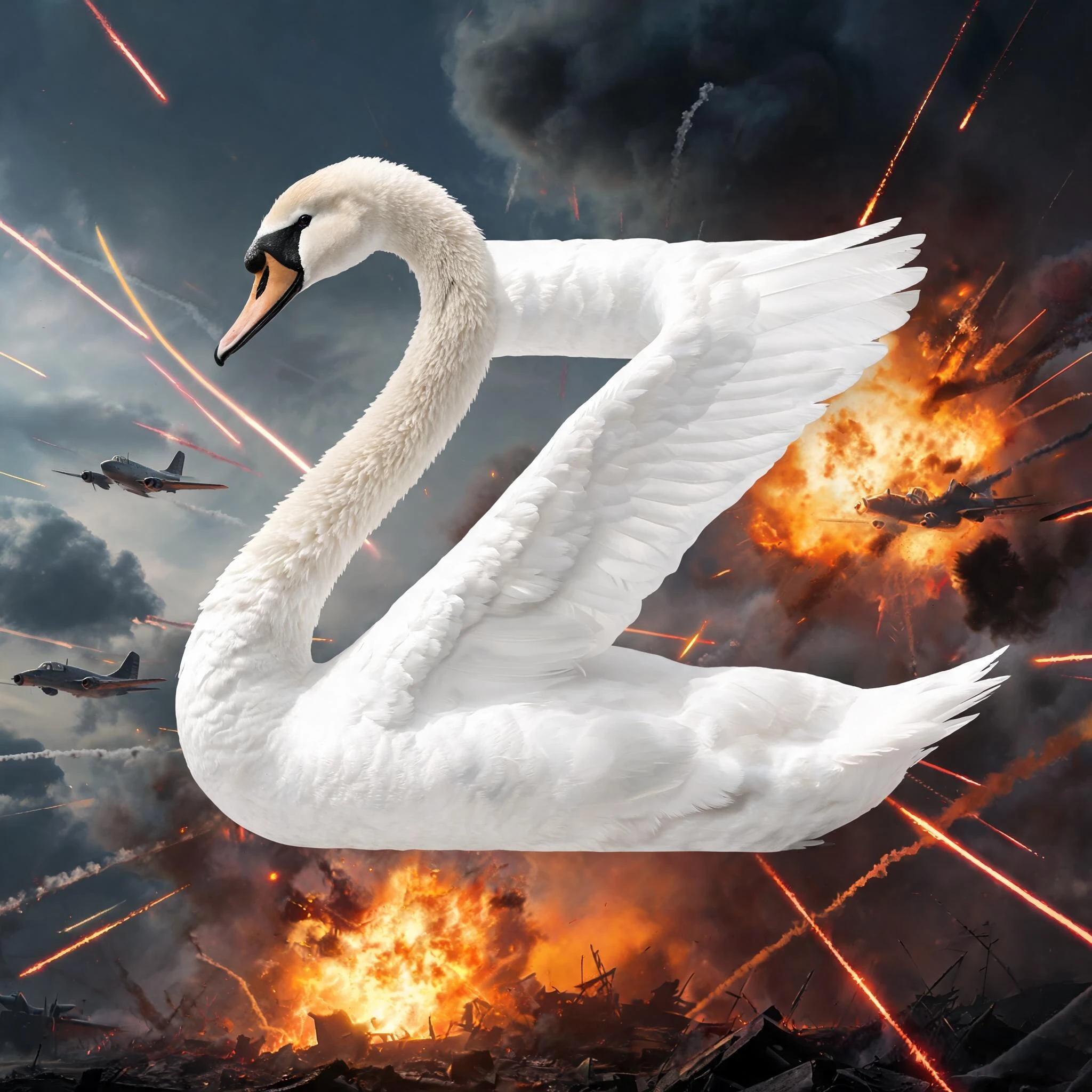 swan in the form of the letter z against the backdrop of a military battle — работа пользователя Экстравагантная Бестия