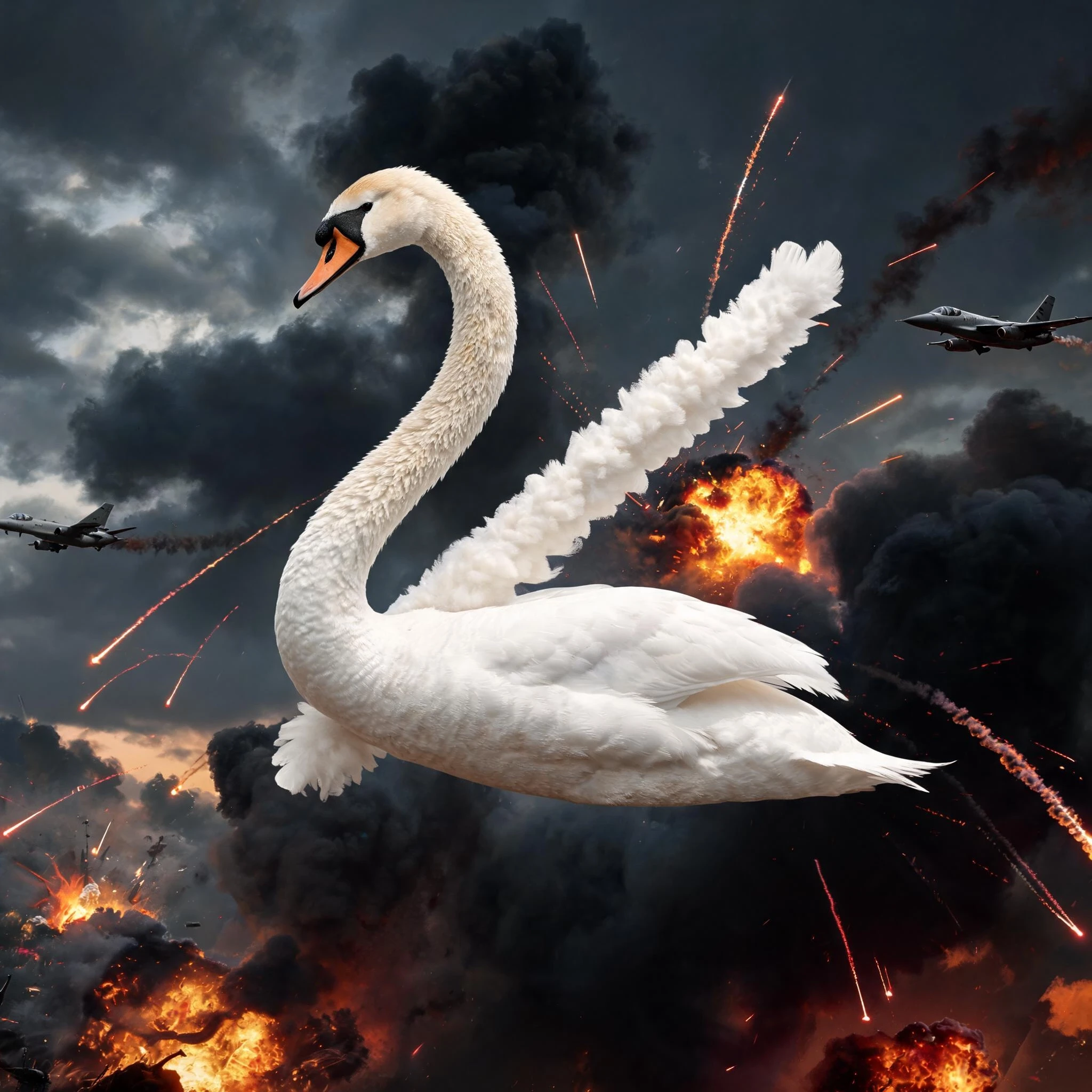 swan in the form of the letter z against the backdrop of a military battle — работа пользователя Экстравагантная Бестия