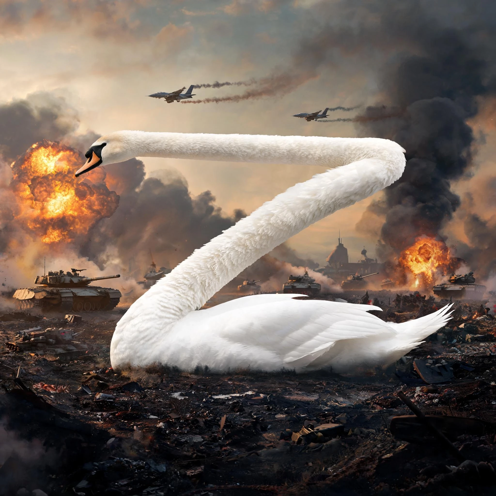 swan in the form of the letter z against the backdrop of a military battle — работа пользователя Экстравагантная Бестия