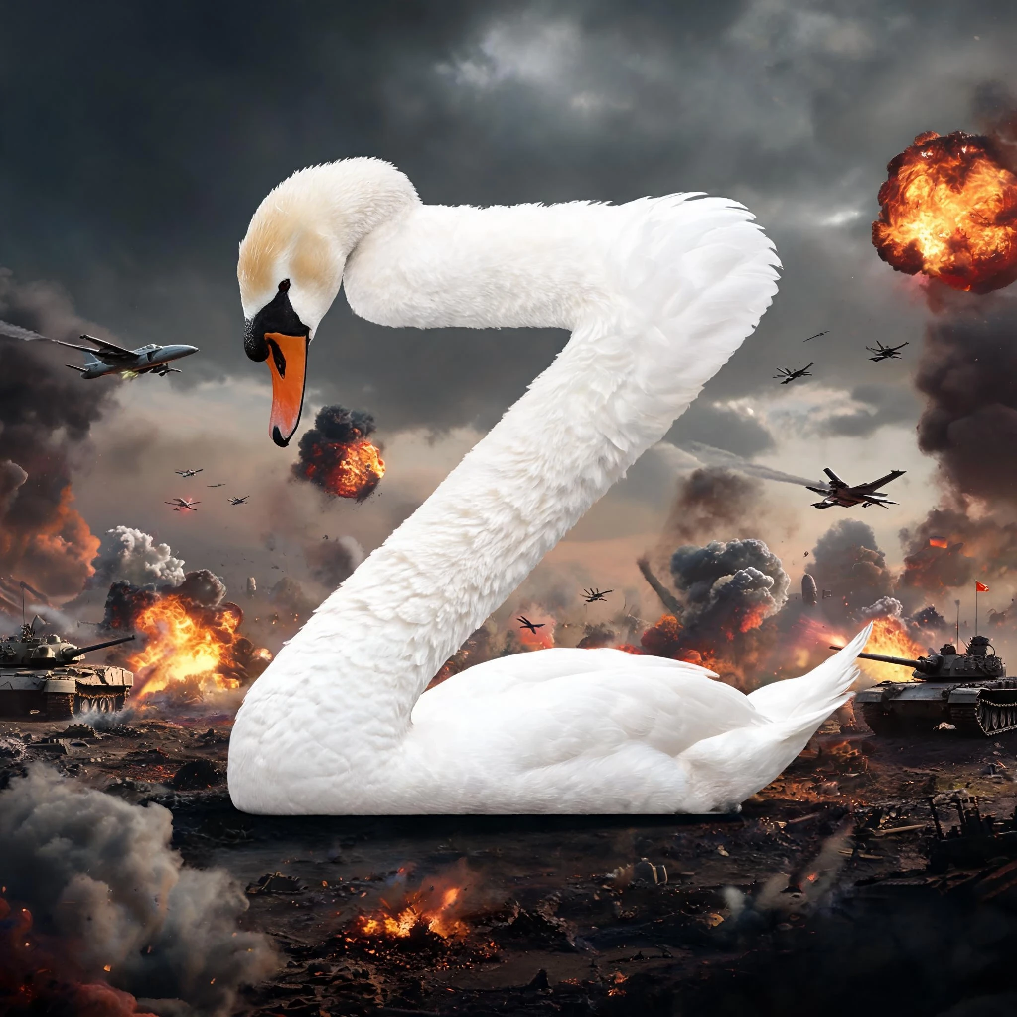 swan in the form of the letter z against the backdrop of a military battle — работа пользователя Экстравагантная Бестия