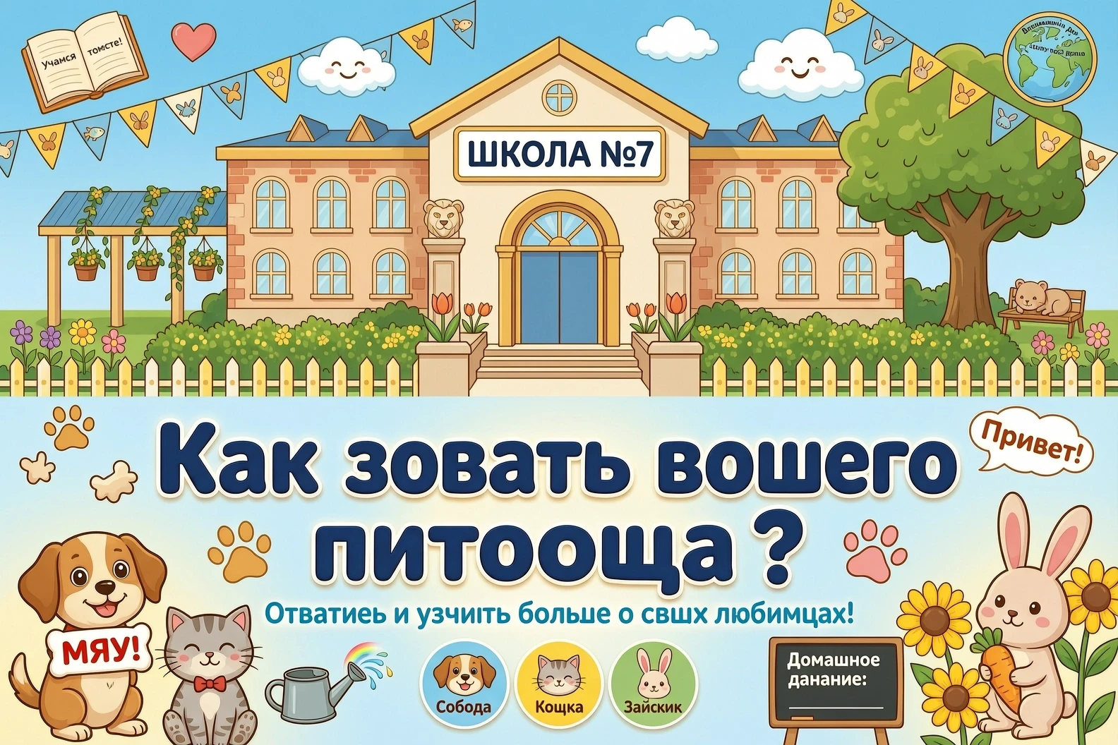 Тематическая картинка : на заднем плане школа .На переднем плане Надпись : как зовут вашего питомца ? — работа пользователя Непревзойденная Дриада