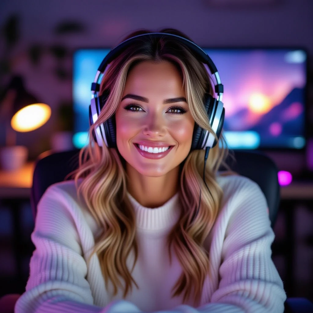 In a relaxed and intimate selfie inspired by modern digital aesthetics , an attractive , confident woman in her late forties sits comfortably in a chair at her desk , smiling…