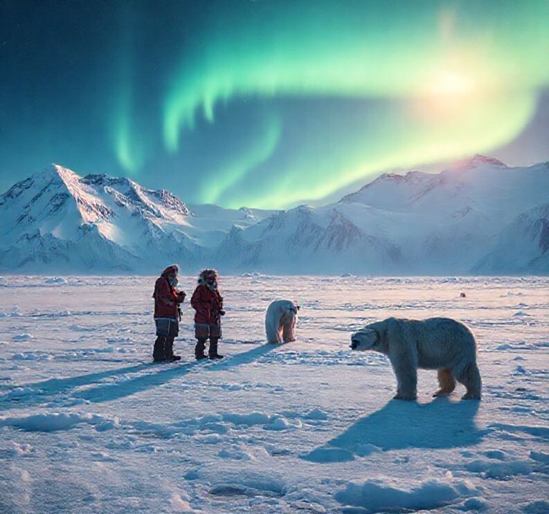 Eskimos and polar bears on the ice, with ice mountains in the background and the northern lights — работа пользователя Солнечный Элемент