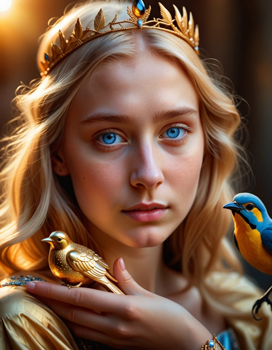 Close-up realistic portrait. A beautiful Czech princess with brilliant gold hair framing her face. She has gentle blue eyes looking at a glowing golden bird sitting on her hand.…