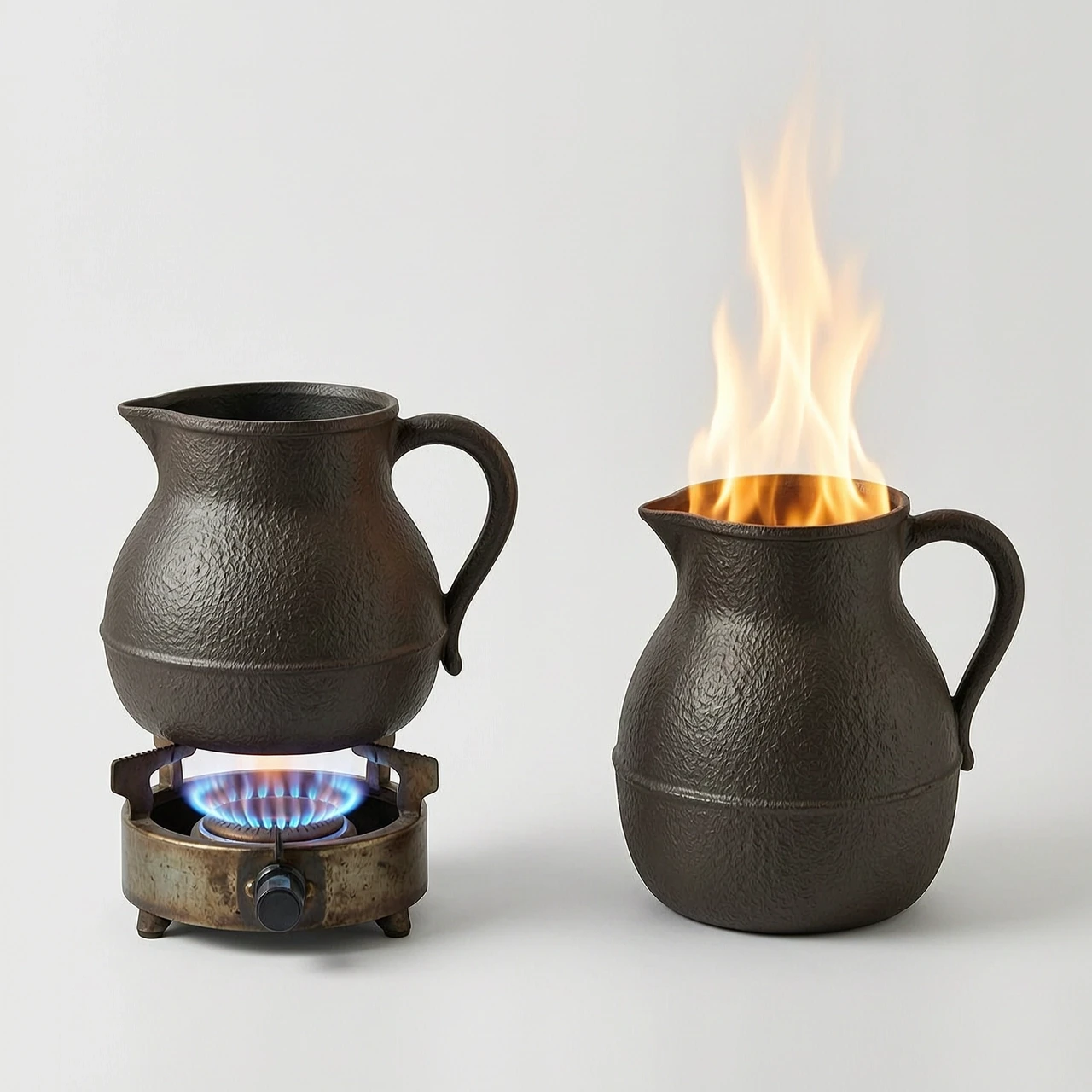 two identical cast iron colored jugs with flat bottoms on a white background, the first is heated from below by a gas burner, the second has no gas from below but is heated to…