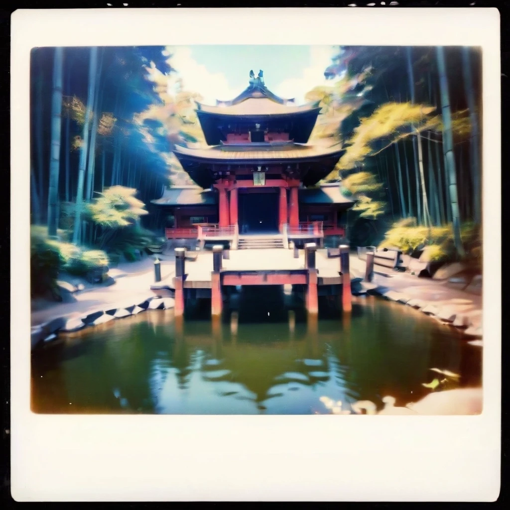 a Japanese shrine dedicated to kitsune, bamboo groves and small lakes along the sides, sunny weather, outline. — работа пользователя Безудержный Свет