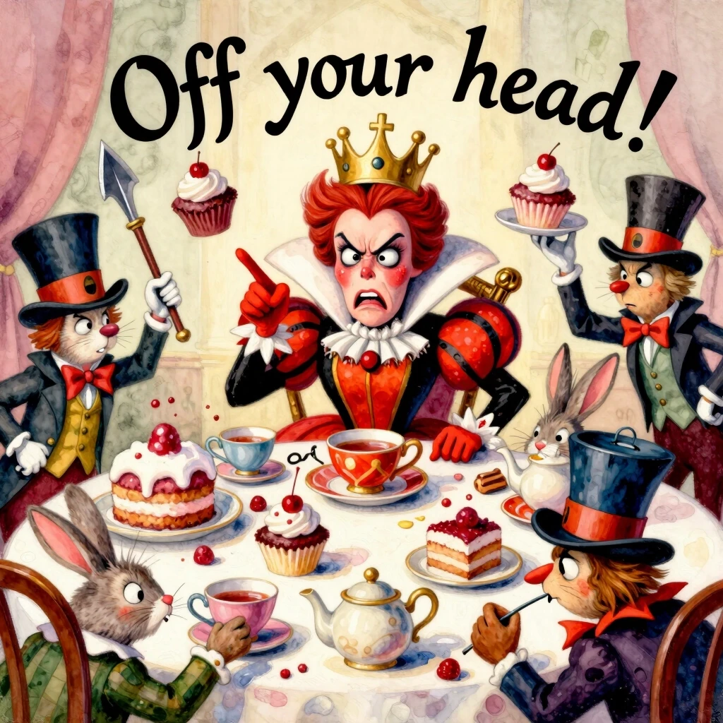(masterpiece:1.8, acrylic painting:1.5, best quality:1.6, ultra-detailed:1.6). A bizarre and funny image (of the Queen of Hearts), who, sitting at a crazy tea table, angrily…