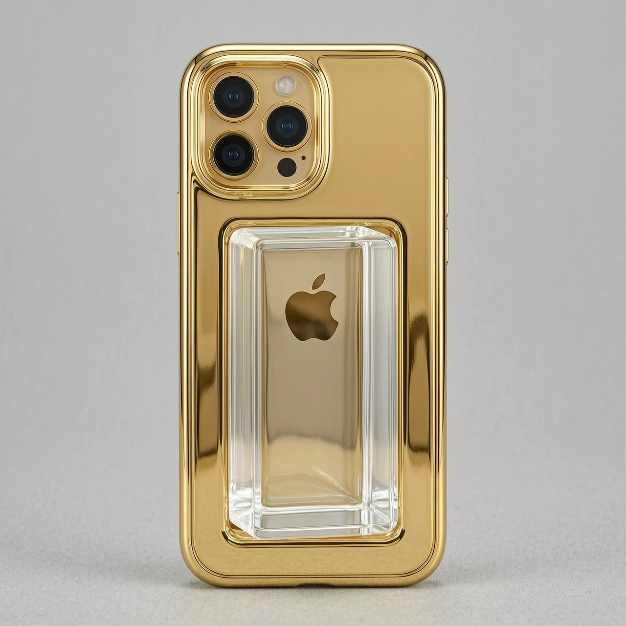 Итак, берем, короче, чехол для iPhone 17 Pro Max и делаем его зеркально-никельным. Отступаем 2 сантиметра ниже модуля камеры и заливаем, делаем, короче, этот самый из жидкого…