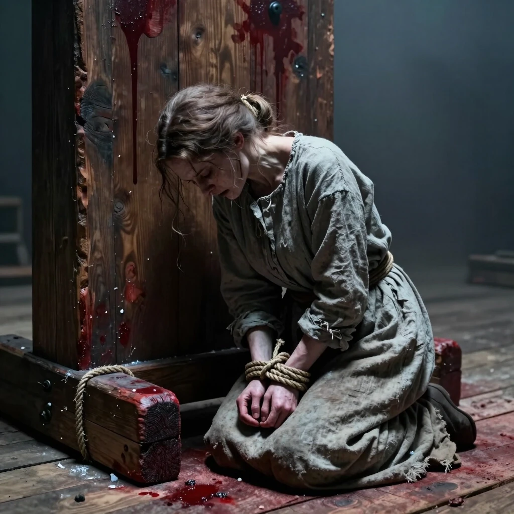 a pale, trembling woman kneeling in submission before a massive, blood-stained wooden execution block, her head bowed, hands bound tightly with rough hemp rope, coarse grey…