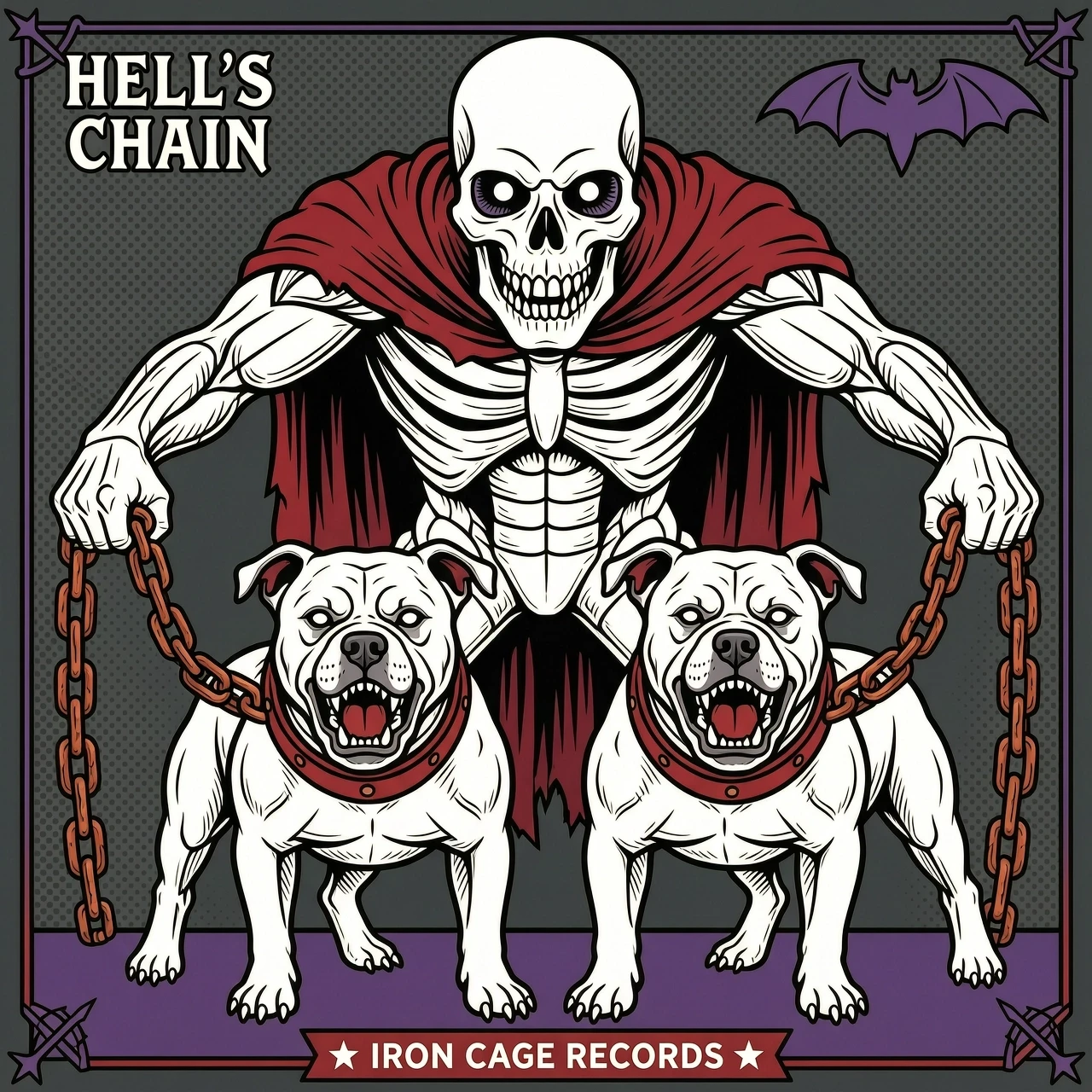 Vector art, flat design with strong black outlines, style inspired by Iron Maiden album art. A demonic figure with skeletal features and glowing eyes holds two aggressive…