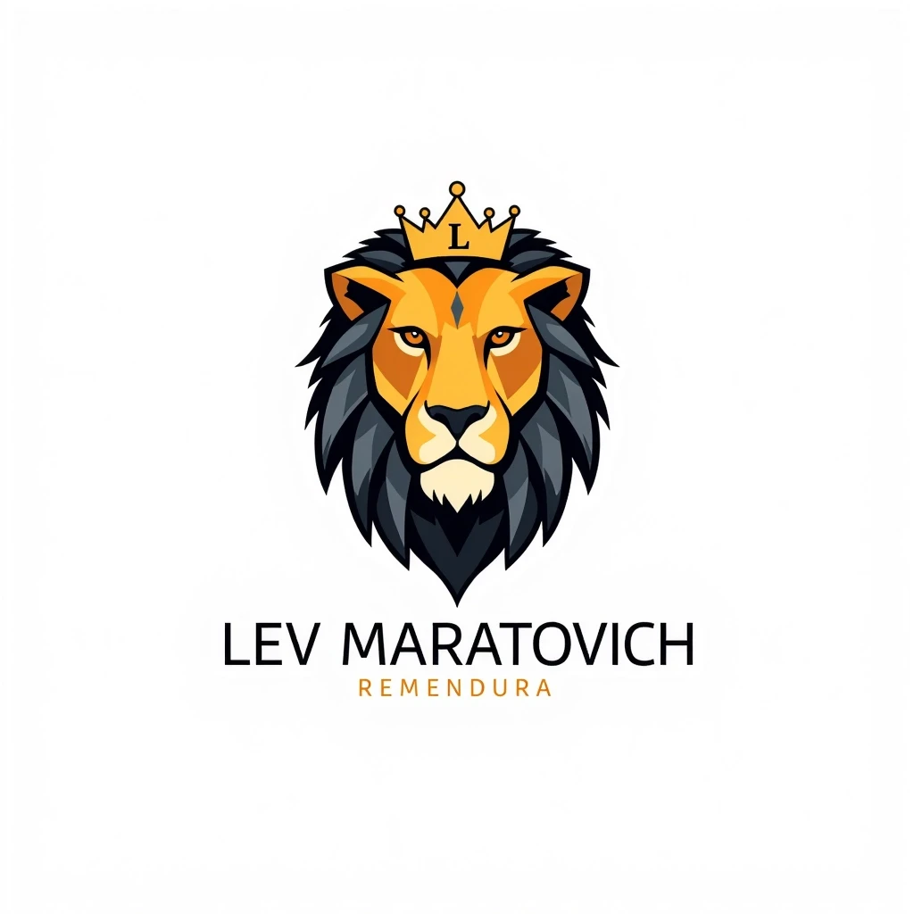 Minimalist yet bold logo for “Лев Маратович”: a stylized lion head in geometric, low‑poly style with sharp facets and clean lines. Use negative space to subtly form the outline…