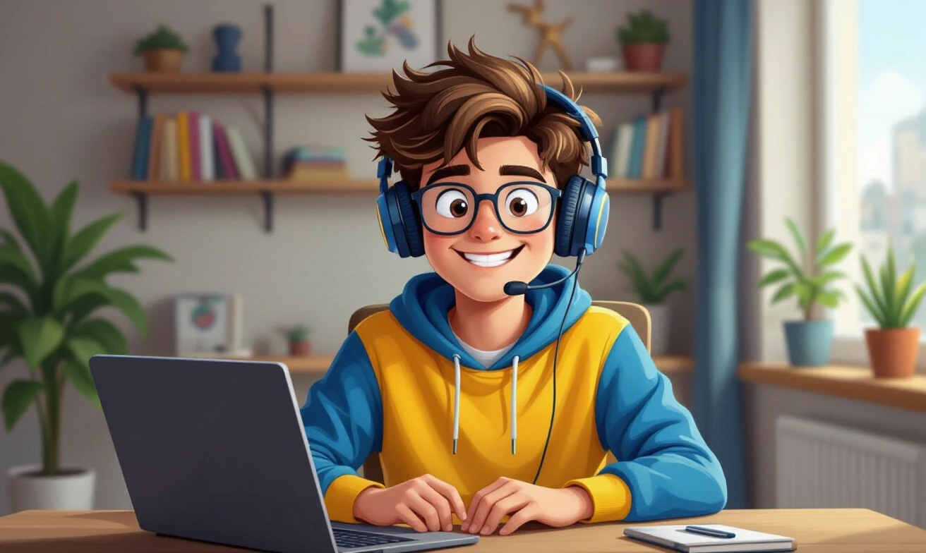 A teenager in yellow and blue , with a stupid face, wearing glasses, sits at a table with an audio headset on his head and a laptop in front of him.caricature — работа…