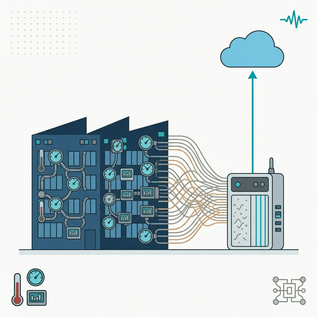 Flat vector illustration of Edge Computing in industrial automation. A factory building with many sensors (thermometers, pressure gauges, meters) and data streams flowing to a…