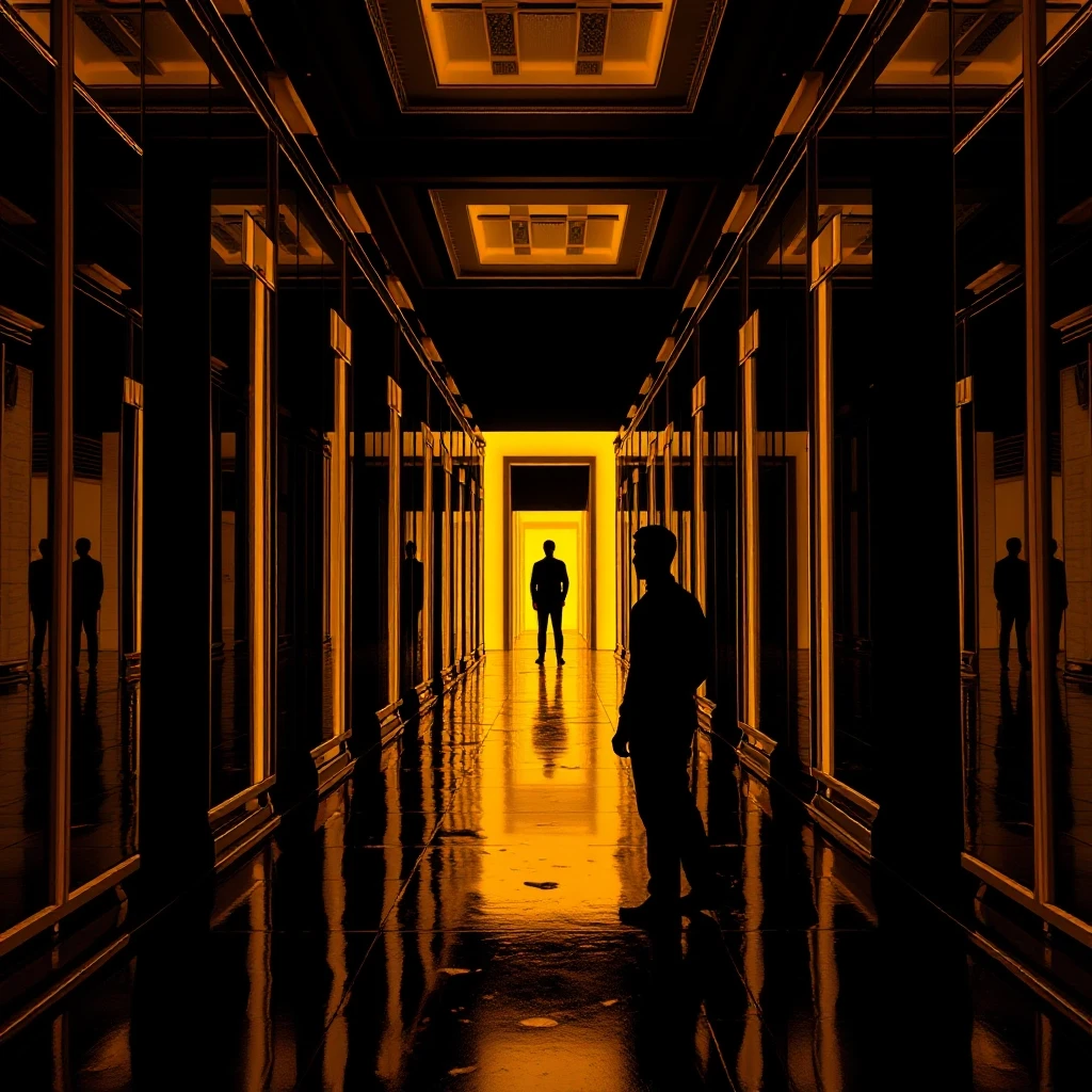 A human silhouette standing in front of infinite golden mirrors, each showing a different version of the person, comic book style with cinematic dramatic lighting, dark graphic…