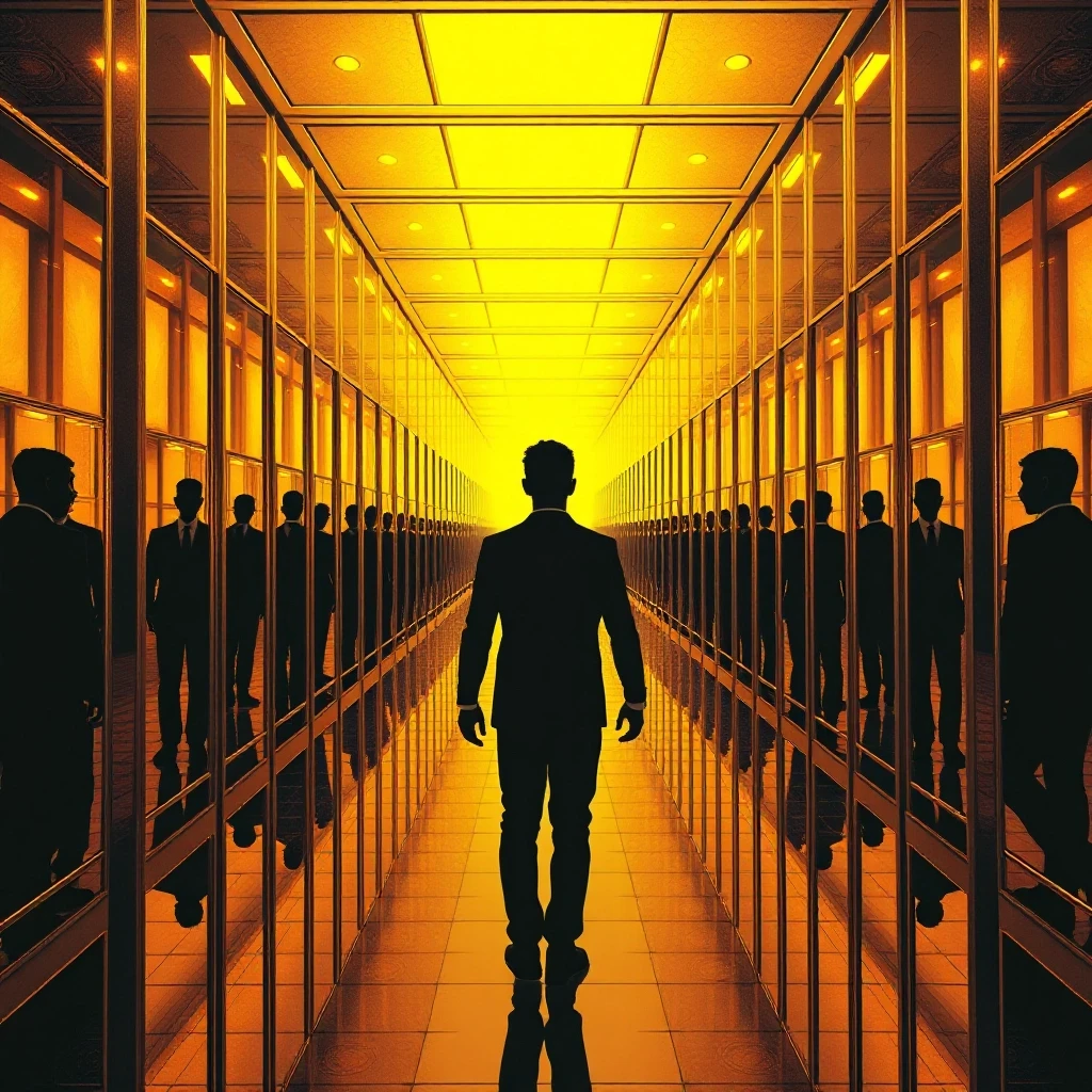 A human silhouette standing in front of infinite golden mirrors, each showing a different version of the person, comic book style with cinematic dramatic lighting, dark graphic…