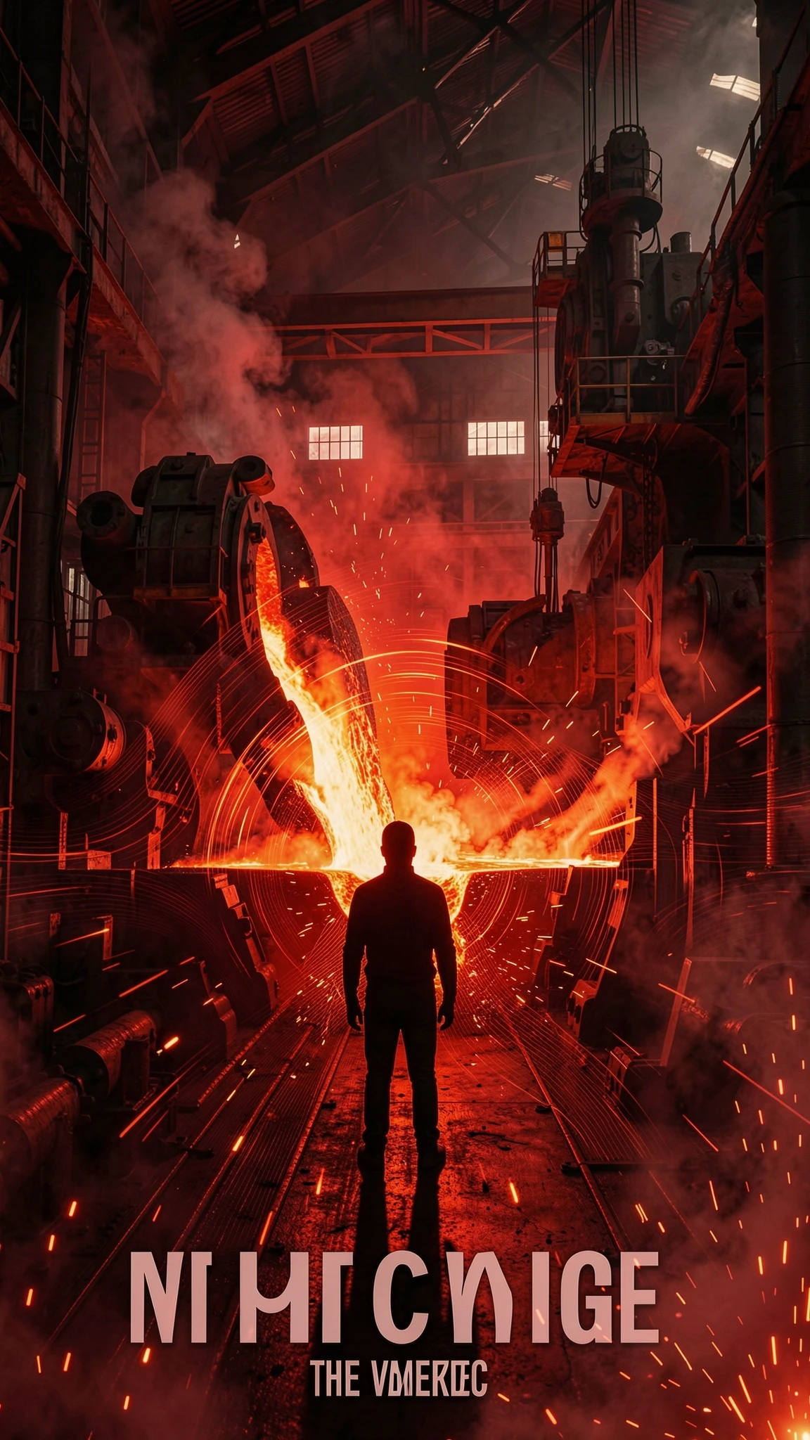 Dark industrial scene, massive factory interior, glowing molten metal, heavy machinery, silhouetted figure standing in the center, bass waves visualized as shockwaves, red and…